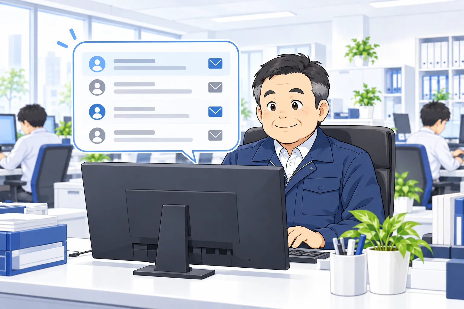 社長が笑顔でパソコンを見ている。画面にお問い合わせの一覧