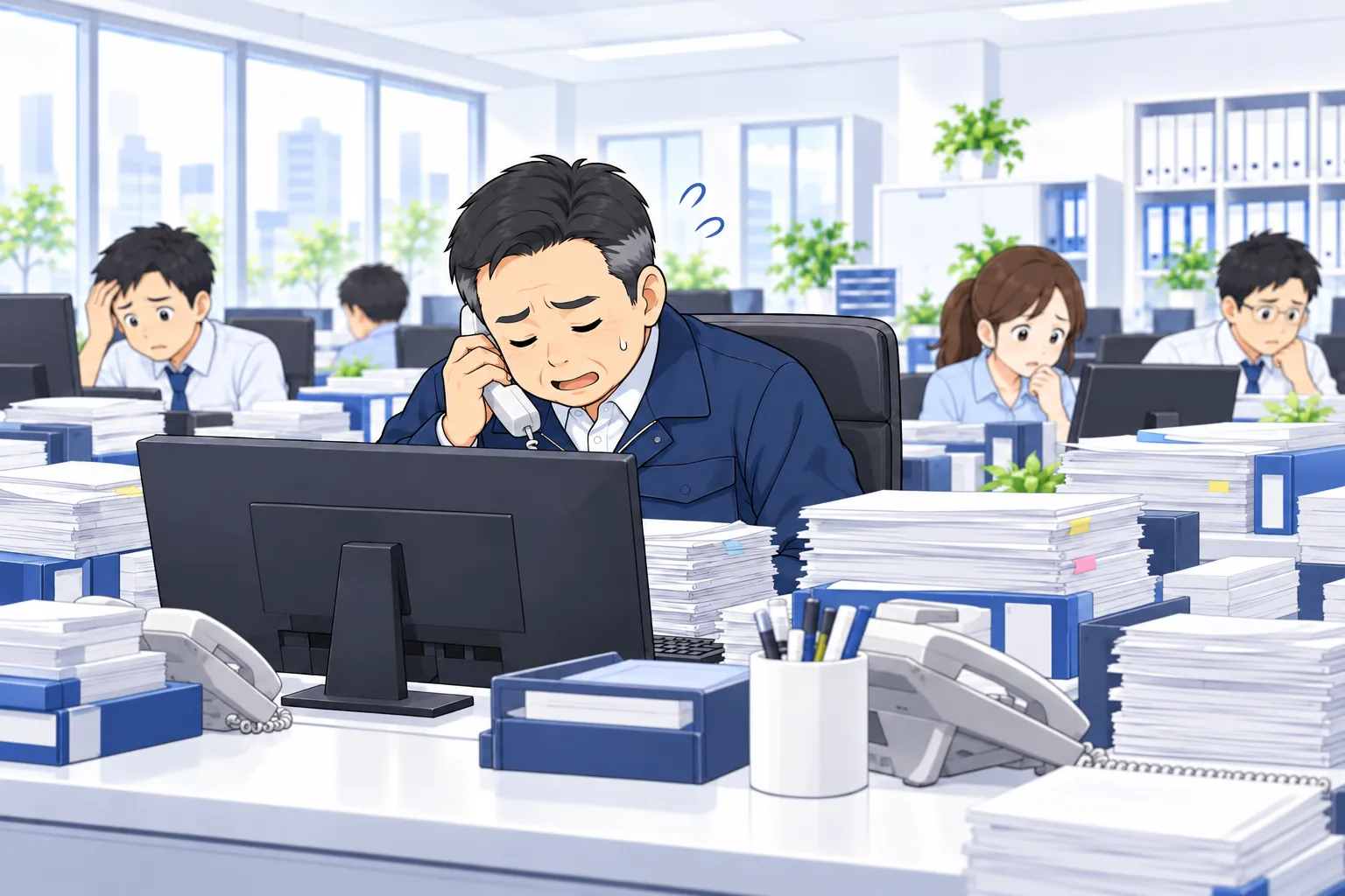 社長と社員が、たくさんの書類と電話に囲まれている