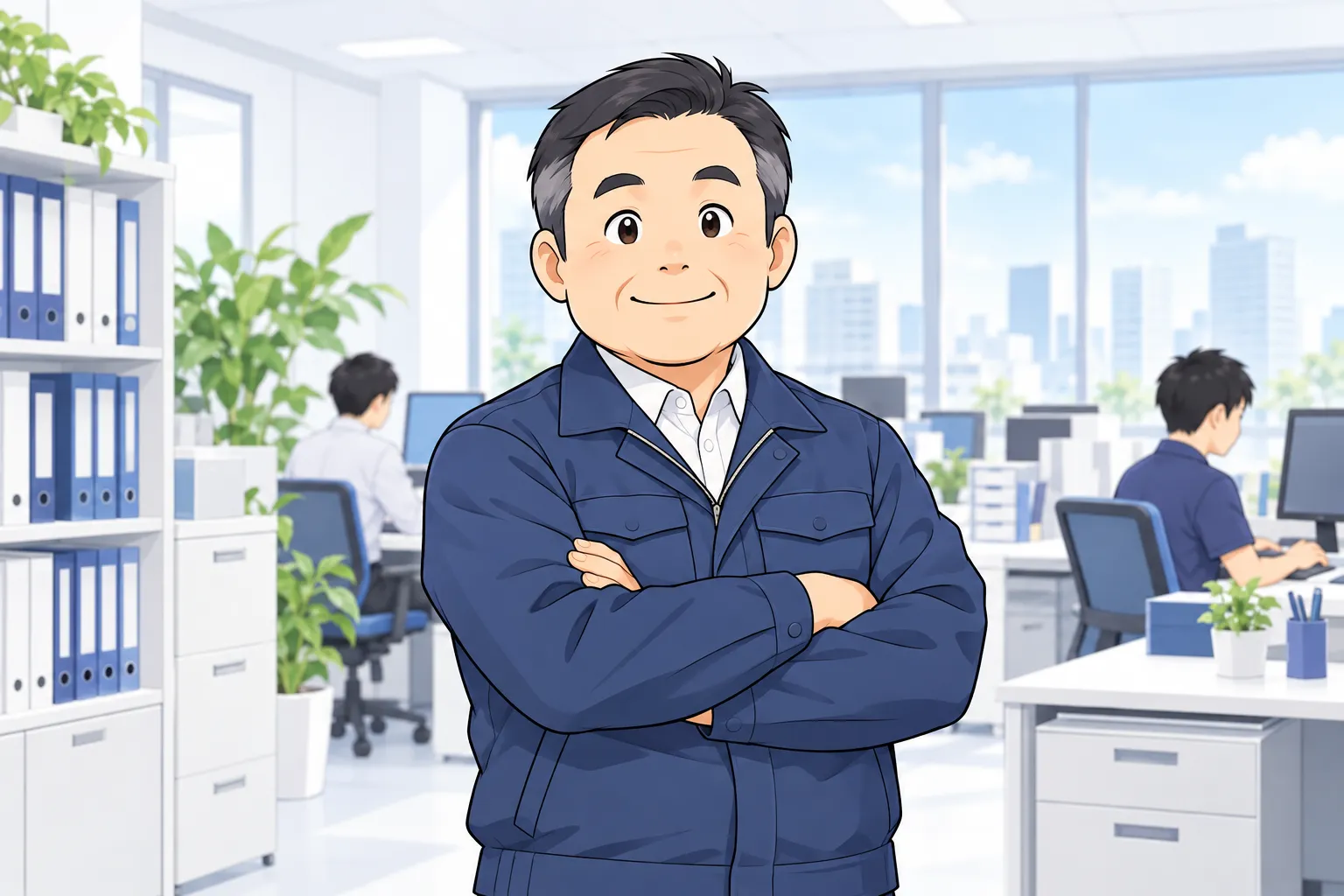 社長が事務所で腕を組んで笑っている