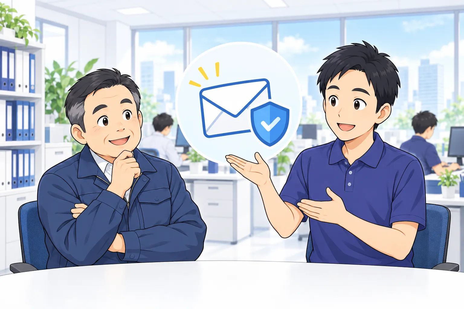 EsyouSystem の担当者が、メールの封筒のイラストを指しながら説明している
