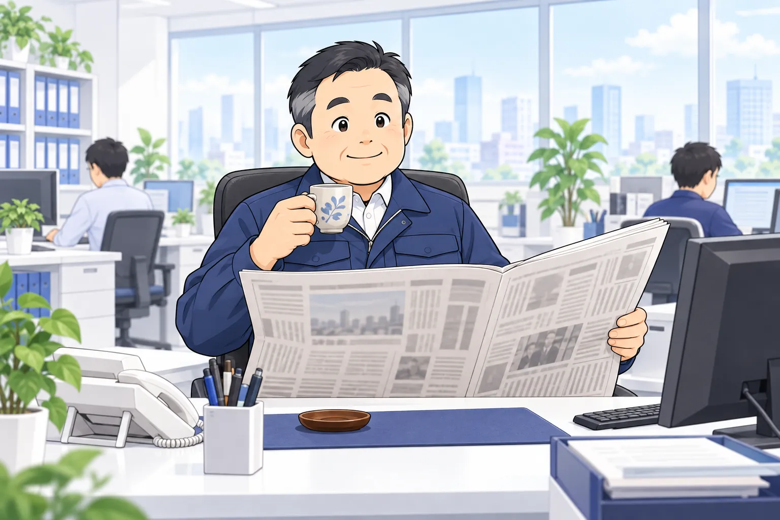社長が新聞を読みながらお茶を飲んでいる