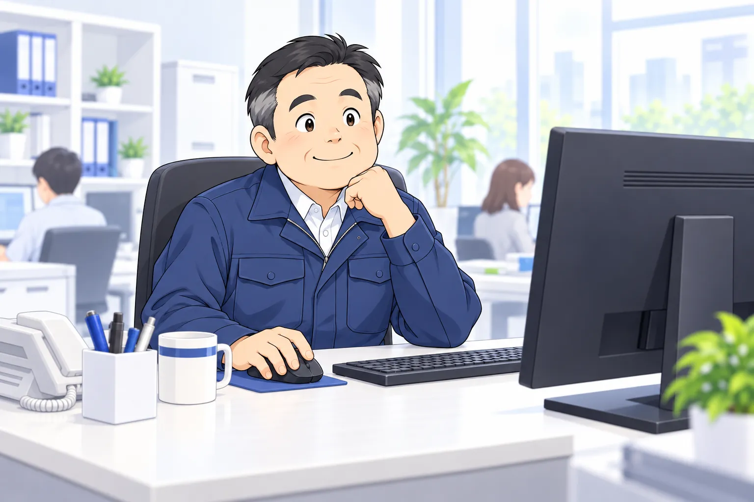 事務所で、社長が自社のホームページをパソコンで見ている