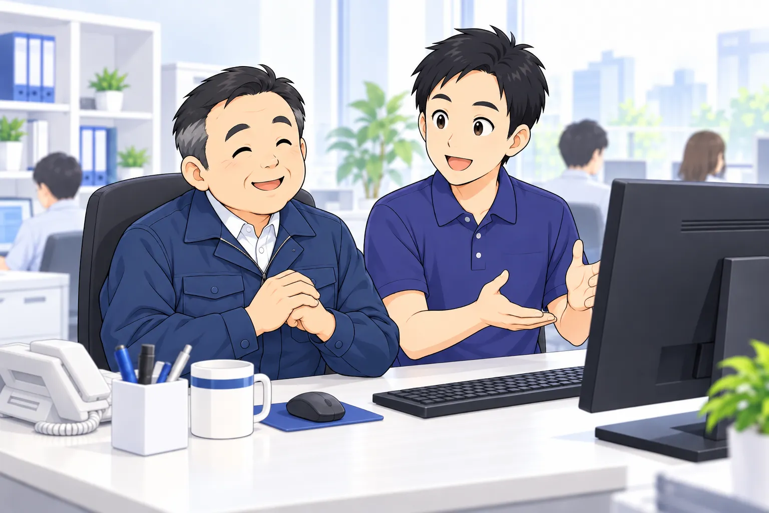 EsyouSystem の担当者が、落ち着いた表情で社長に説明している